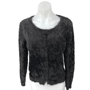 Mark & Spencer Black Fleece Faux Fur Button Down Cardigan Sweater Top Size M/L